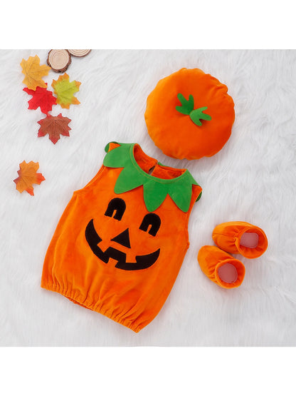 Newborn Baby Halloween Cosplay Costume Pumpkin Print Top Solid Shoes Patchwork Hat 3PCS